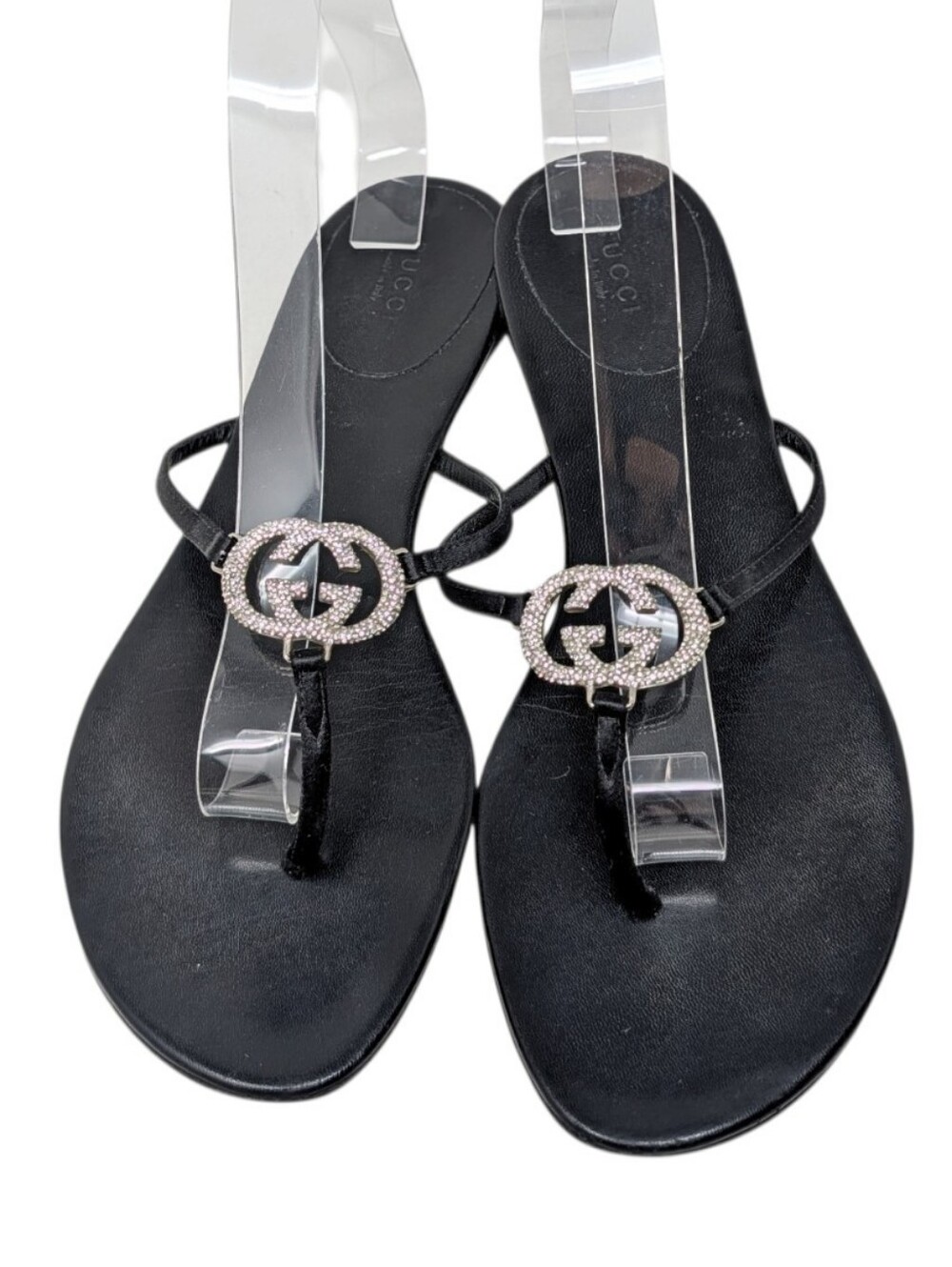 Gucci Black Leather Crystal Interlocking GG Logo Thong Sandals Size 9B